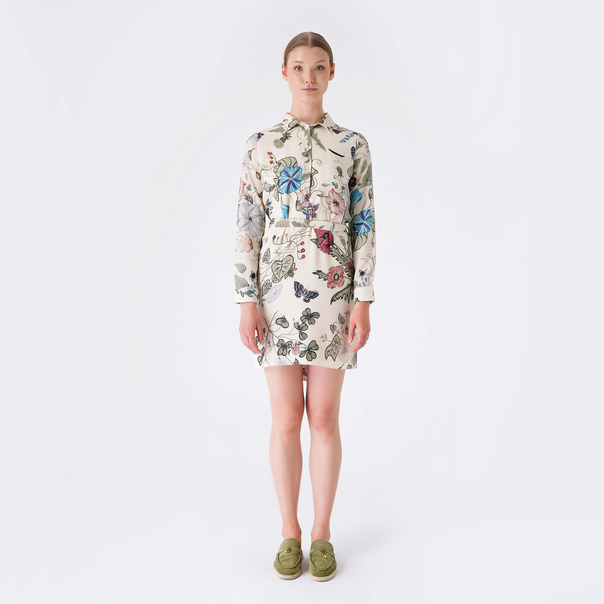 Gucci - Beige Blue &  Yellow Print Silk Shirt Dress